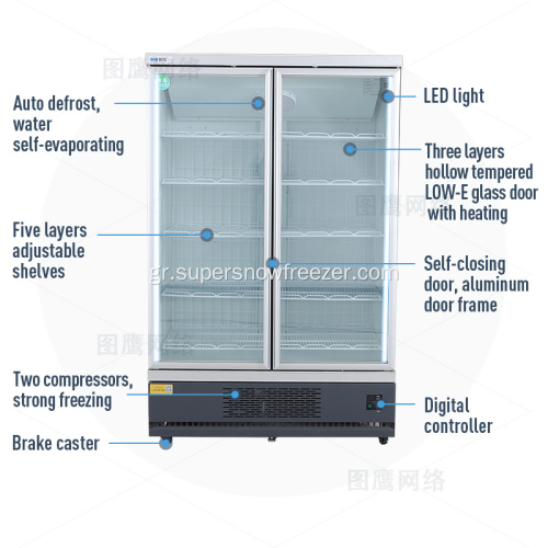 Upright two glass door freezer cabinet